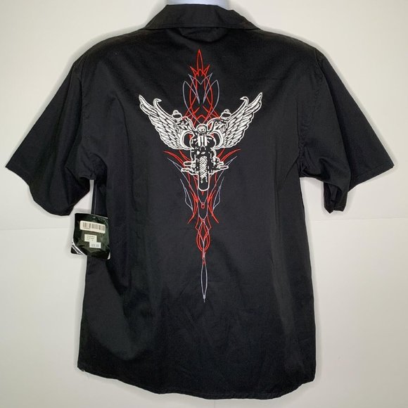 NWT Hard Chrome Gear Mens Rockabilly Skull Biker Button Down Shirt Black LARGE - Picture 2 of 9